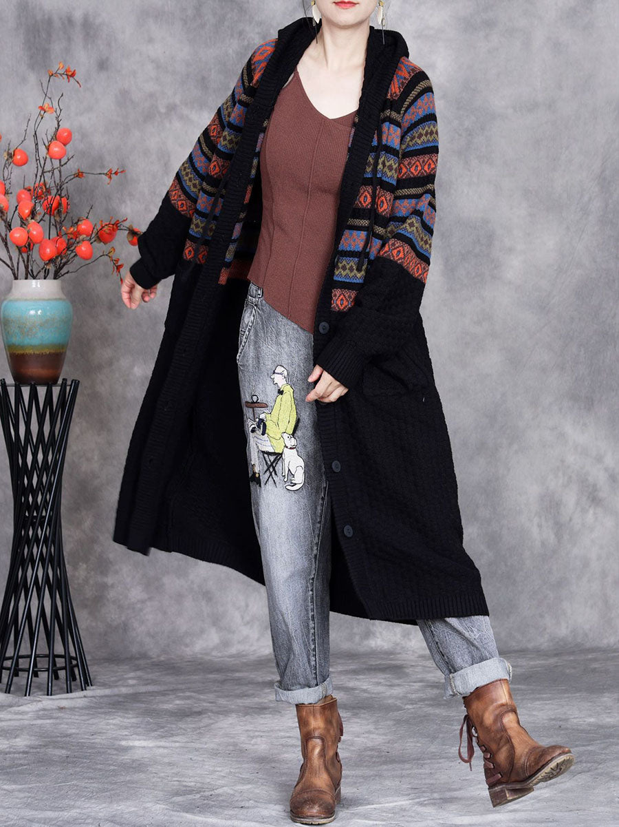 Women Autumn Artsy Stripe Hooded Knit Cardigan Coat