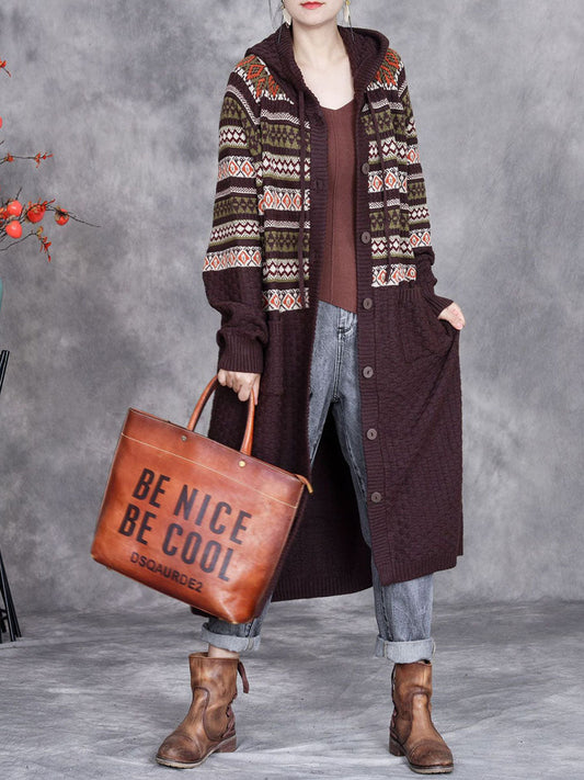 Women Autumn Artsy Stripe Hooded Knit Cardigan Coat