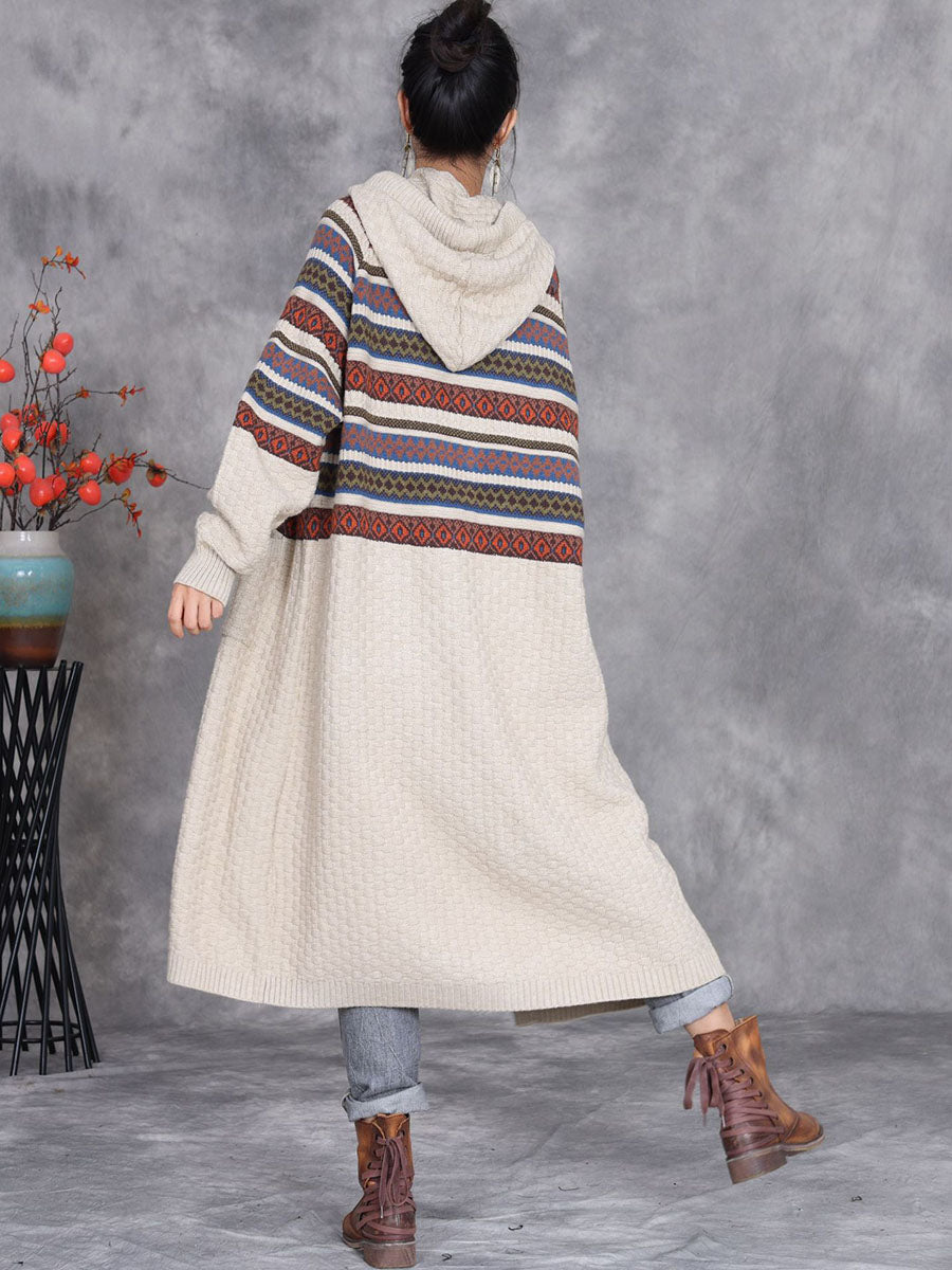 Women Autumn Artsy Stripe Hooded Knit Cardigan Coat