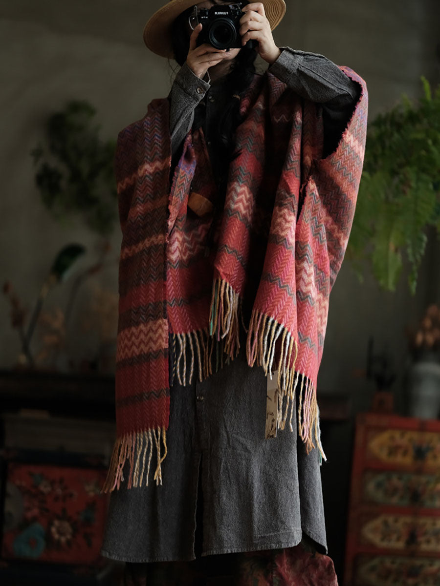 Women Artsy Stripe Tassel Cotton Shawl Scarf