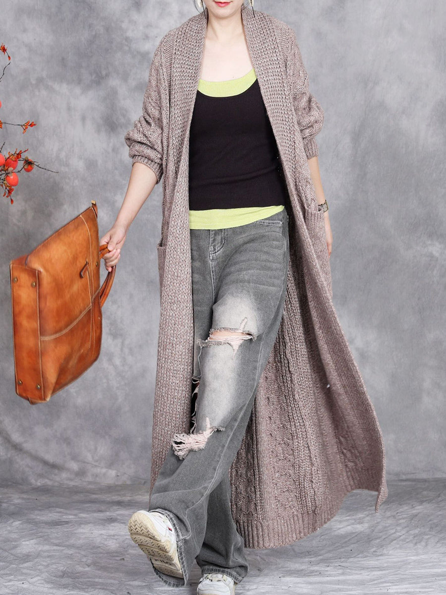 Women Autumn Artsy Solid V-Neck Knit Cardigan Coat