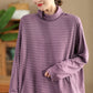 Women Autumn Casual Stripe Turtleneck Cotton Blouse