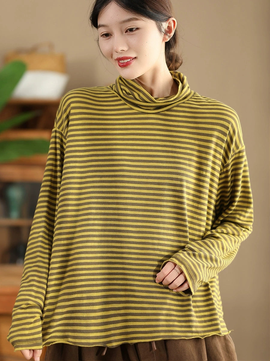 Women Autumn Casual Stripe Turtleneck Cotton Blouse