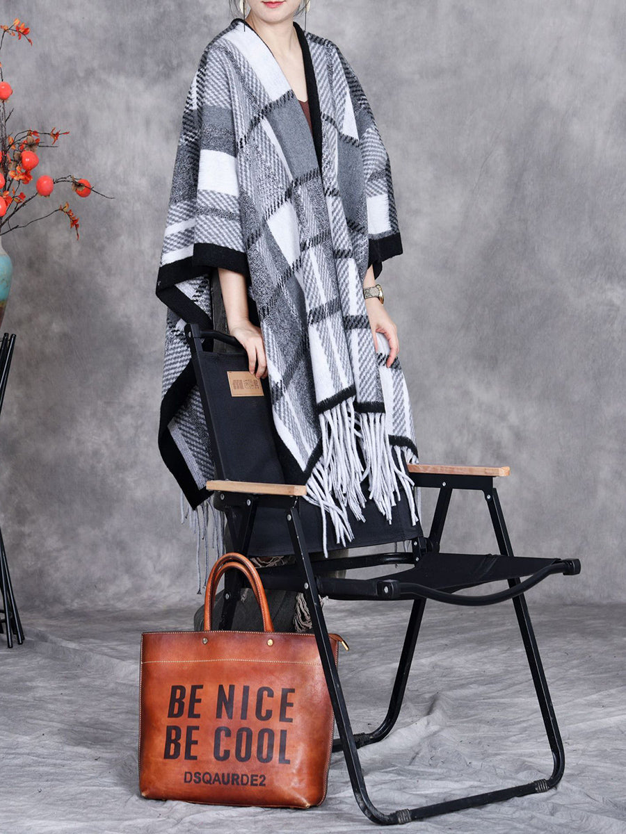 Women Vintage Winter Plaid Tassel Shawl Scarf