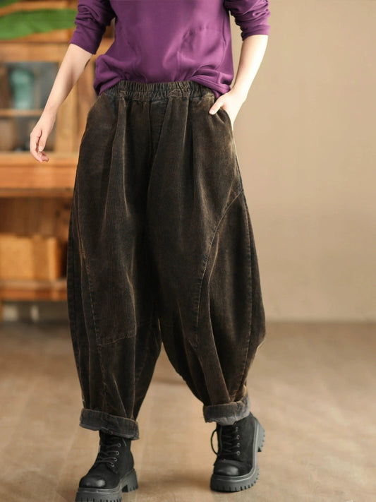 Women Autumn Vintage Solid Corduroy Spliced Harem Pants