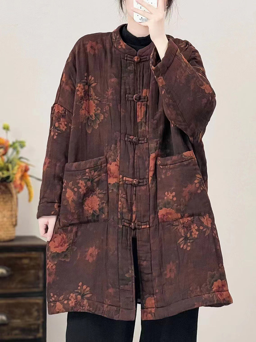 Women Autumn Vintage Stand Collar Patchwork Cotton Coat