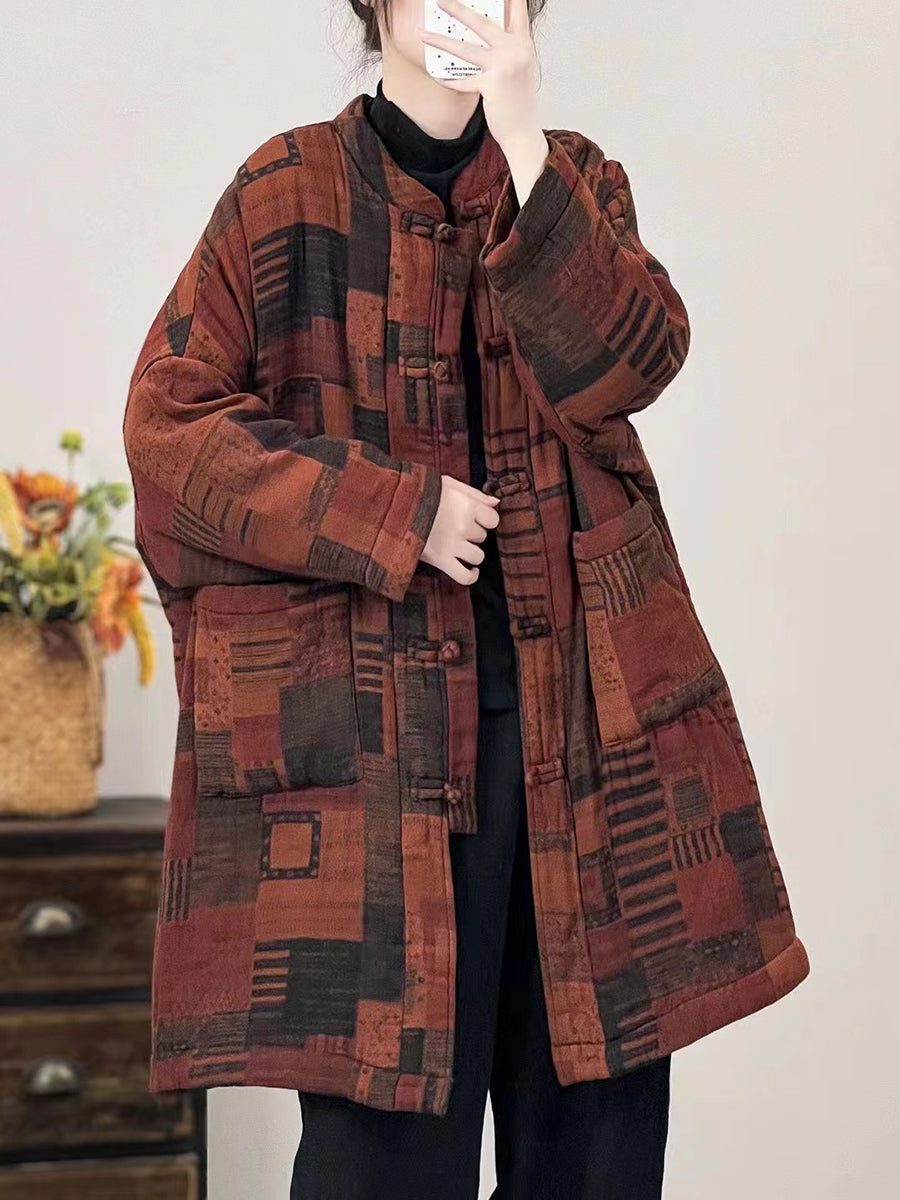 Women Autumn Vintage Stand Collar Patchwork Cotton Coat