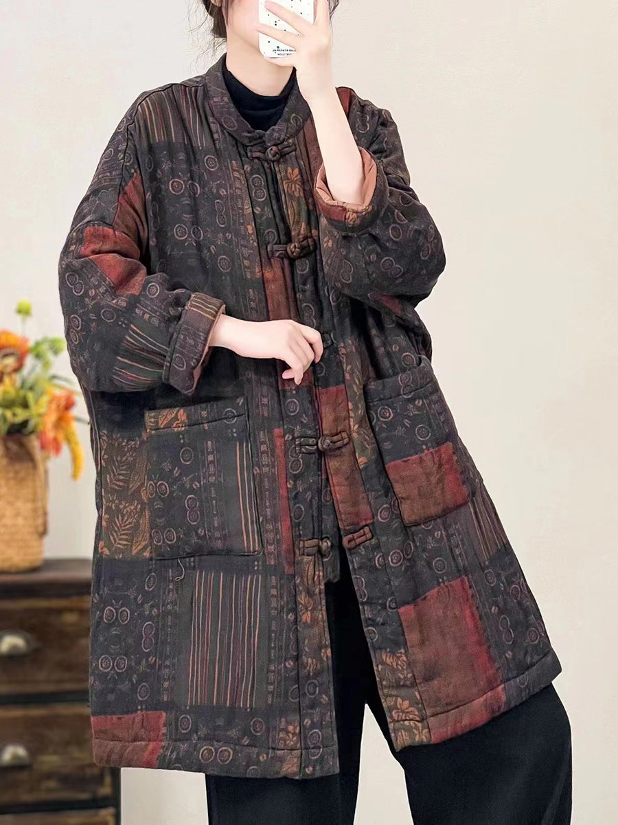 Women Autumn Vintage Stand Collar Patchwork Cotton Coat