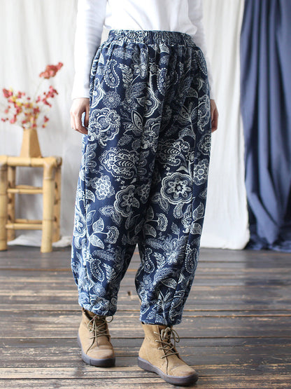 Women Ethnic Autumn Flower Spliced Cotton Harem Pants