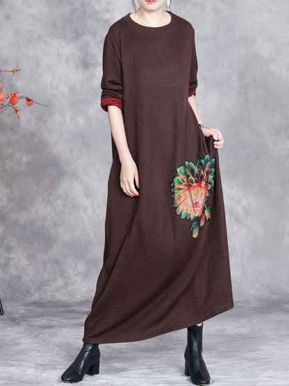 Women Autumn Artsy Flower Knit O-Neck Dress