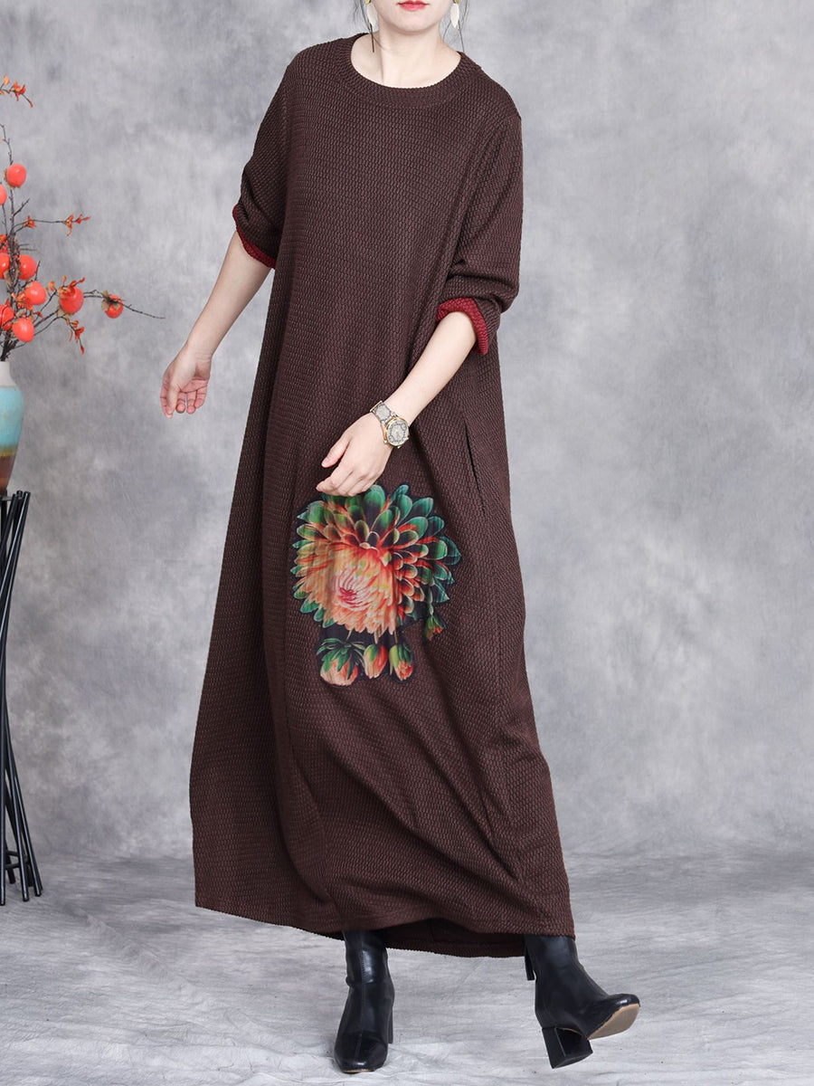 Women Autumn Artsy Flower Knit O-Neck Dress