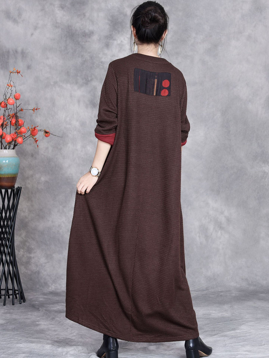 Women Autumn Artsy Flower Knit O-Neck Dress