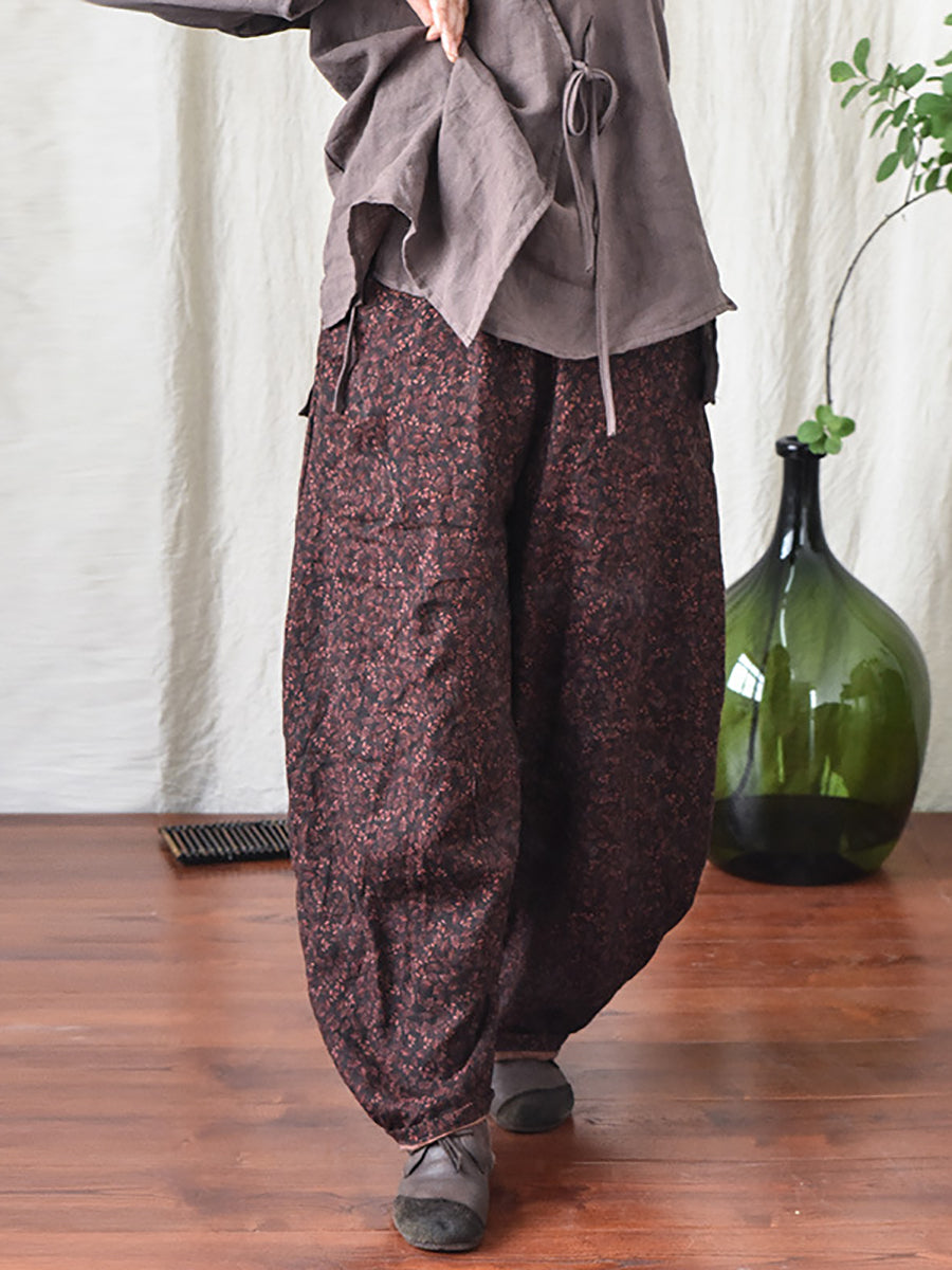 Linen Floral Pocket Elastic Waist Vintage Print Casual Pants