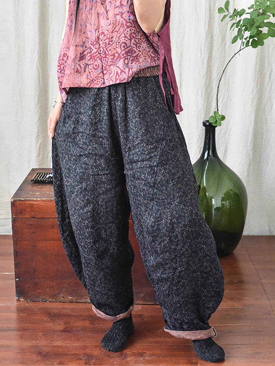 Linen Floral Pocket Elastic Waist Vintage Print Casual Pants