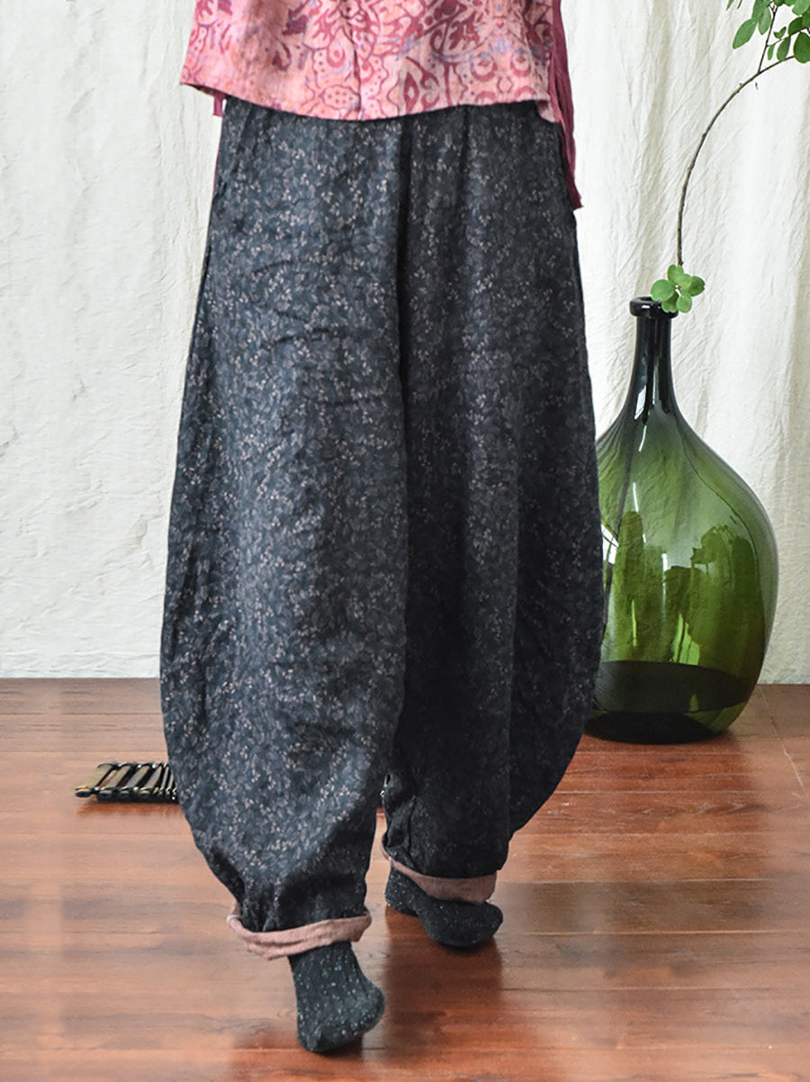 Linen Floral Pocket Elastic Waist Vintage Print Casual Pants