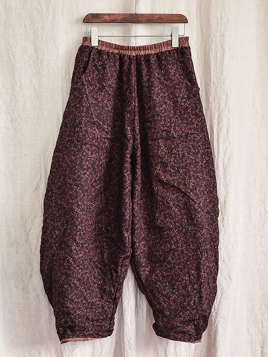 Linen Floral Pocket Elastic Waist Vintage Print Casual Pants