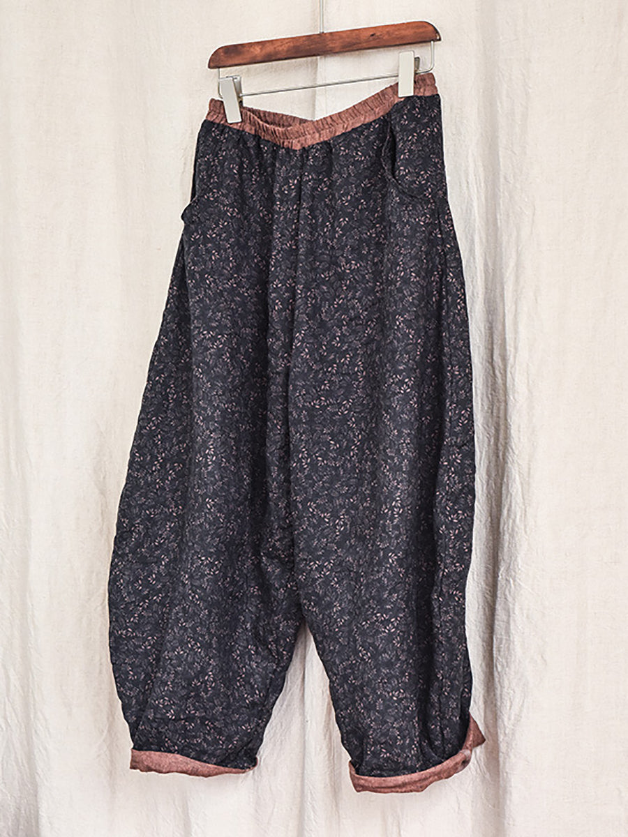 Linen Floral Pocket Elastic Waist Vintage Print Casual Pants