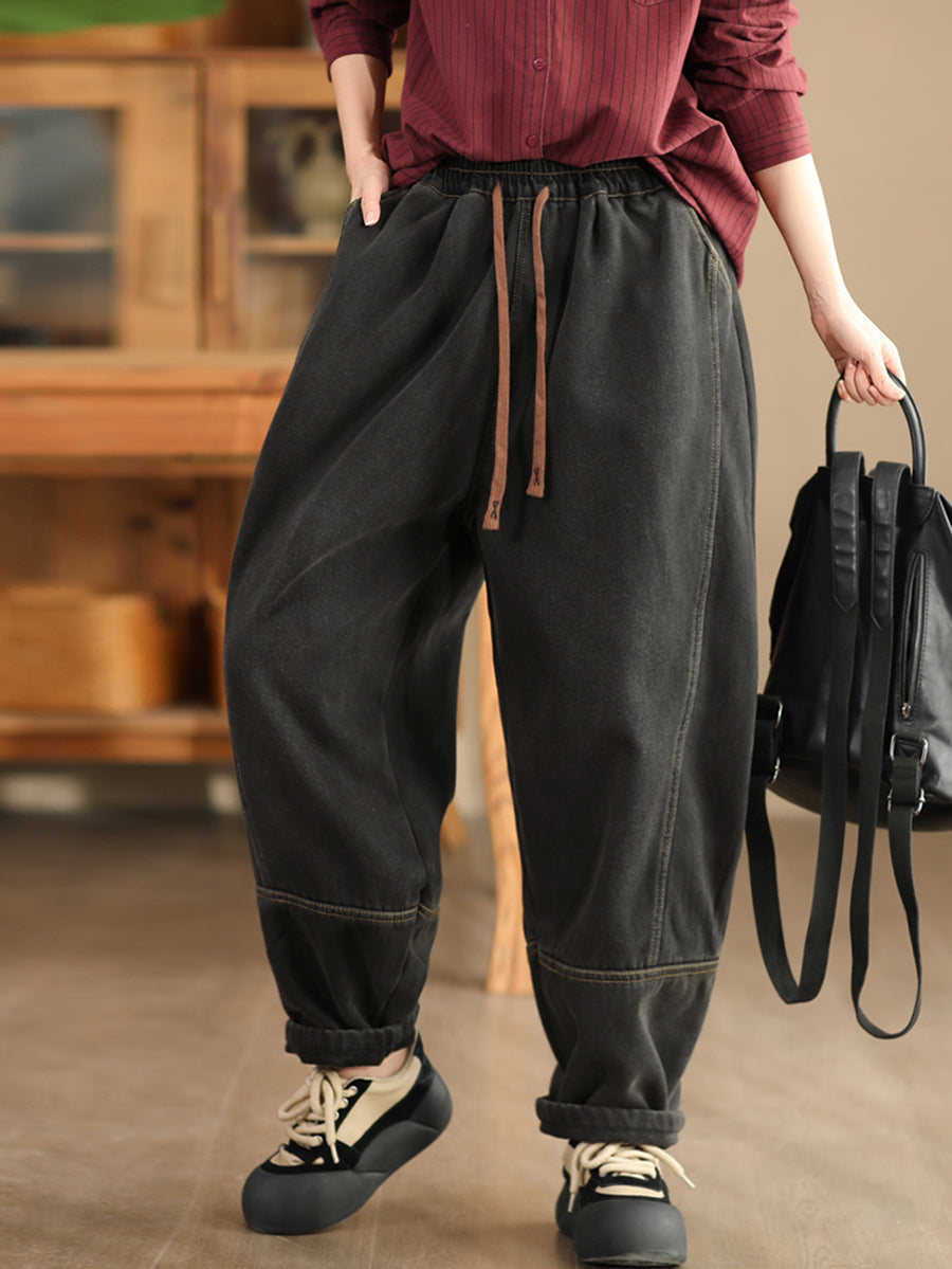 Women Winter Retro Denim Fleece-lined Harem Pants