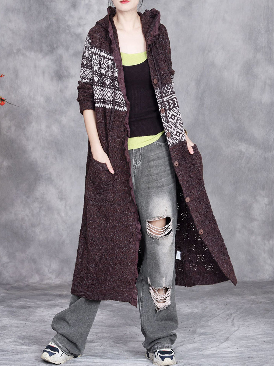 Women Autumn Artsy Hollow Out Knit Cardigan Hooded Coat