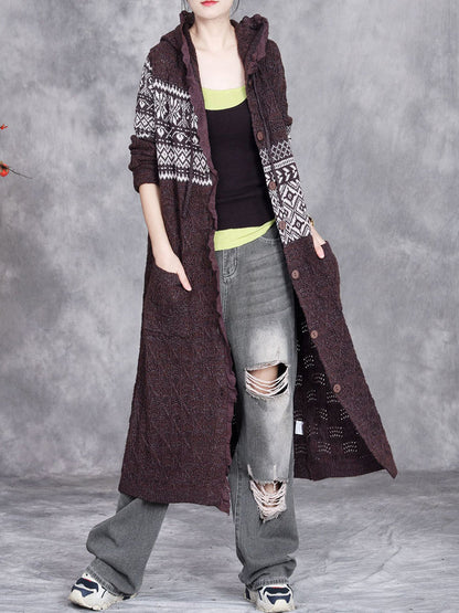 Women Autumn Artsy Hollow Out Knit Cardigan Hooded Coat