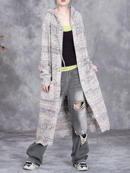 Women Autumn Artsy Color Mix Knit Cardigan Hooded Coat