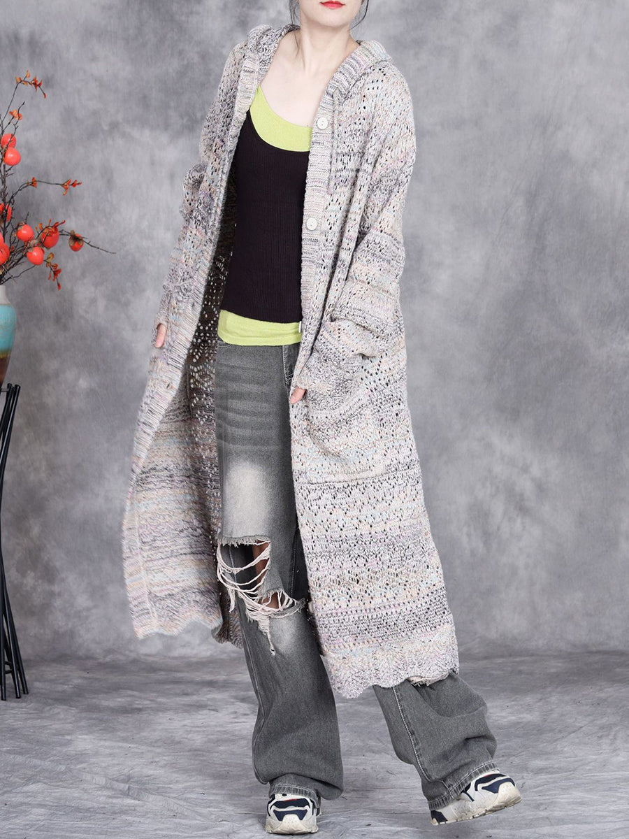 Women Autumn Artsy Color Mix Knit Cardigan Hooded Coat