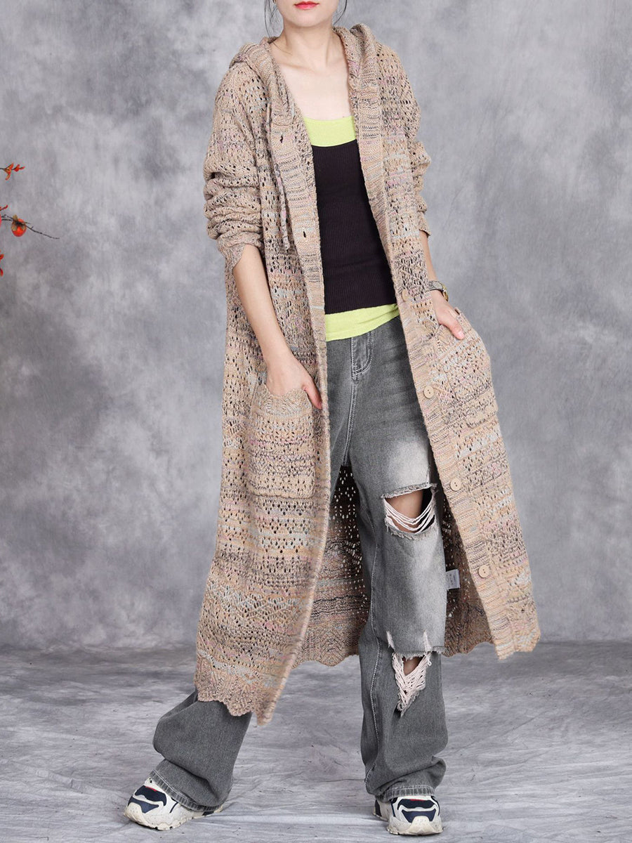 Women Autumn Artsy Color Mix Knit Cardigan Hooded Coat