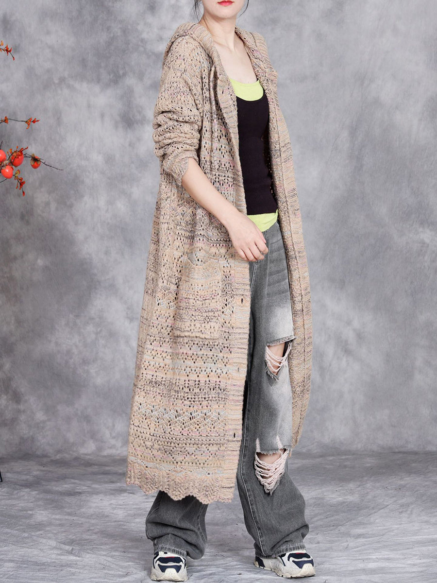 Women Autumn Artsy Color Mix Knit Cardigan Hooded Coat