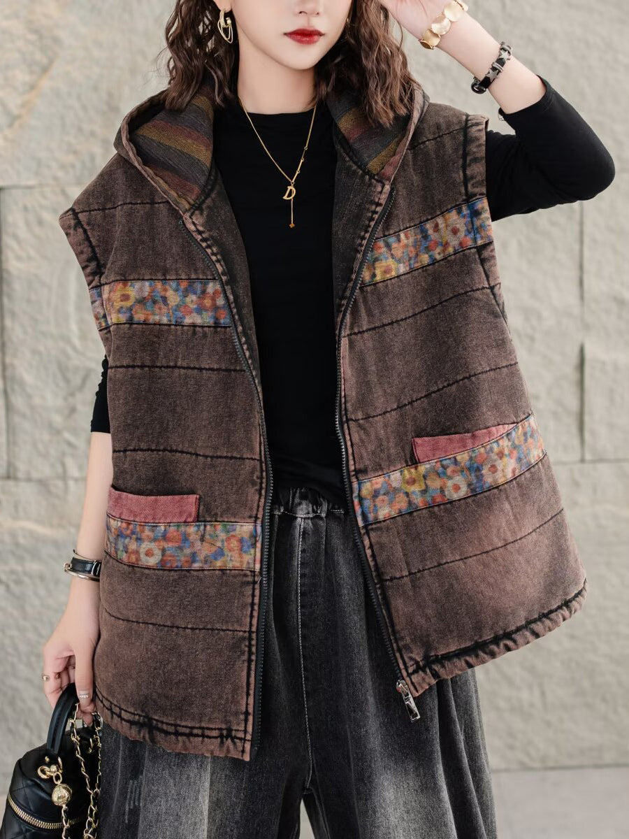 Women Retro Floral Spliced Hooded Cotton Padded Vest Coat