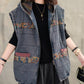 Women Retro Floral Spliced Hooded Cotton Padded Vest Coat