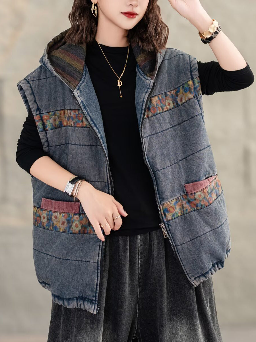 Women Retro Floral Spliced Hooded Cotton Padded Vest Coat