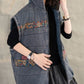 Women Retro Floral Spliced Hooded Cotton Padded Vest Coat