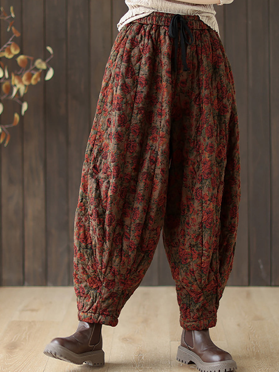 Women Autumn Retro Flower Loose Padded Bloomers