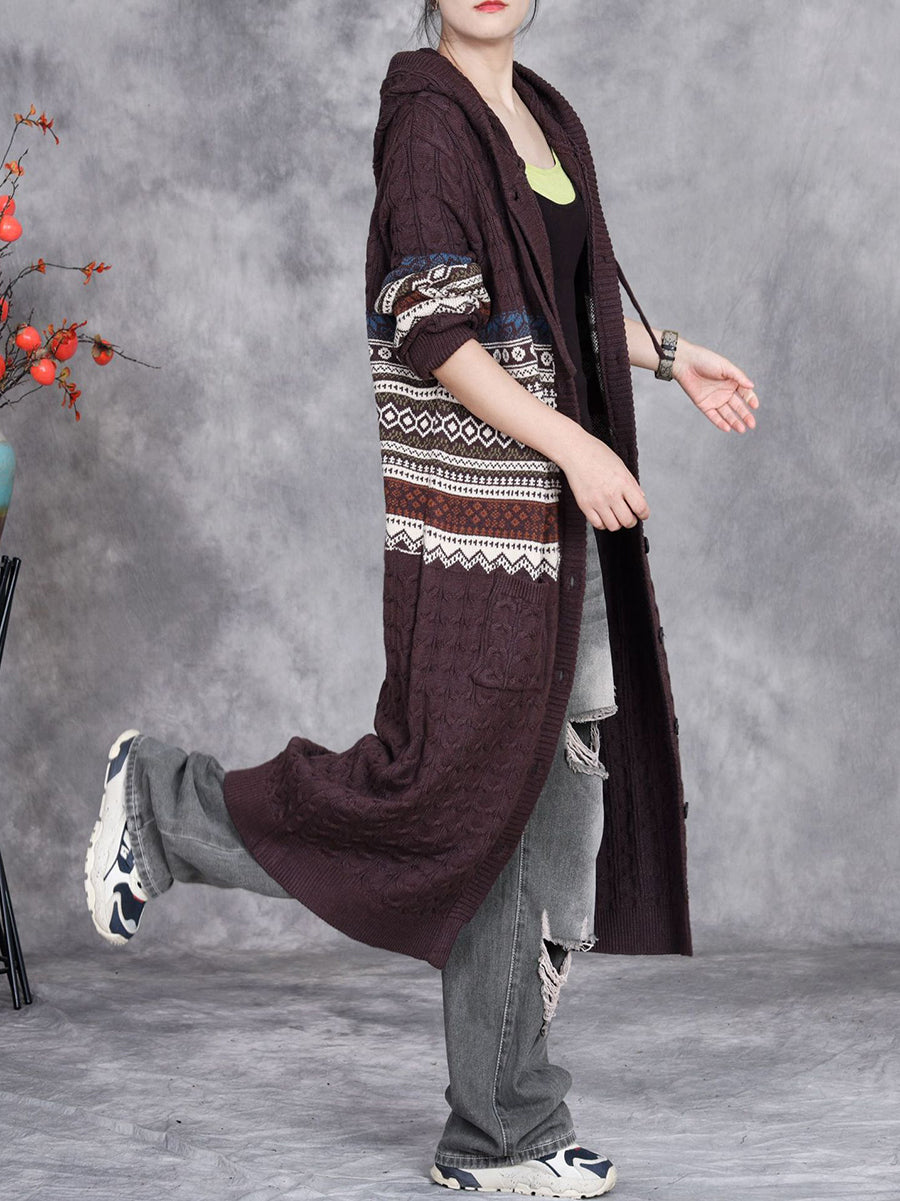 Women Autumn Artsy Knit Cardigan Hooded Sweater Coat