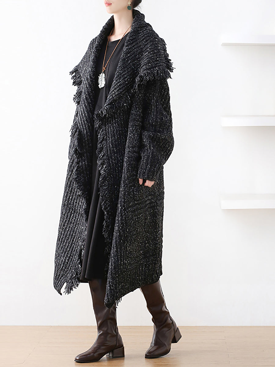 Women Autumn Artsy Tassel Shawl Collar Wool Sweater Coat