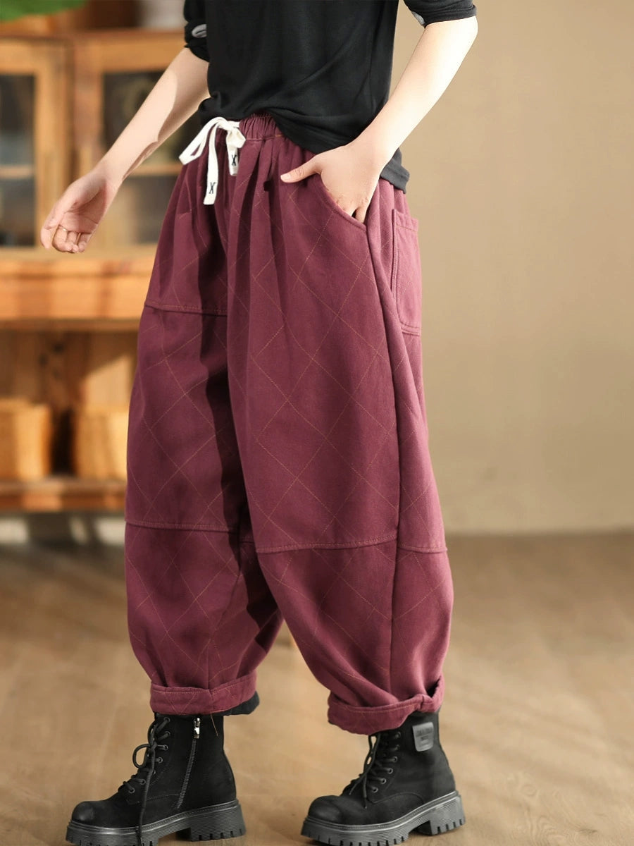 Women Autumn Vintage Solid Rhomboid Cotton Harem Pants