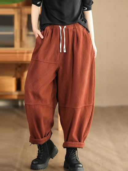 Women Autumn Vintage Solid Rhomboid Cotton Harem Pants