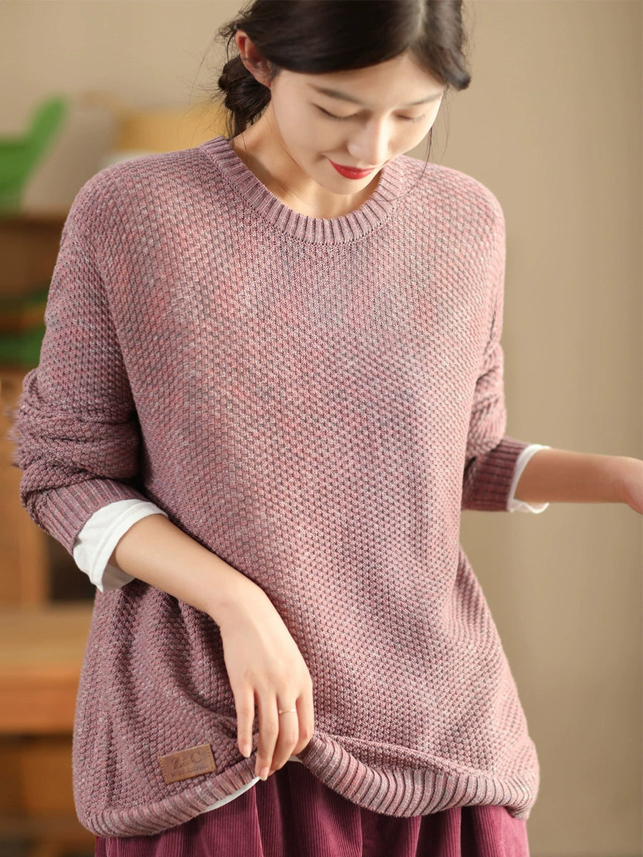 Women Vintage Autumn Solid O-Neck Loose Knit Sweater