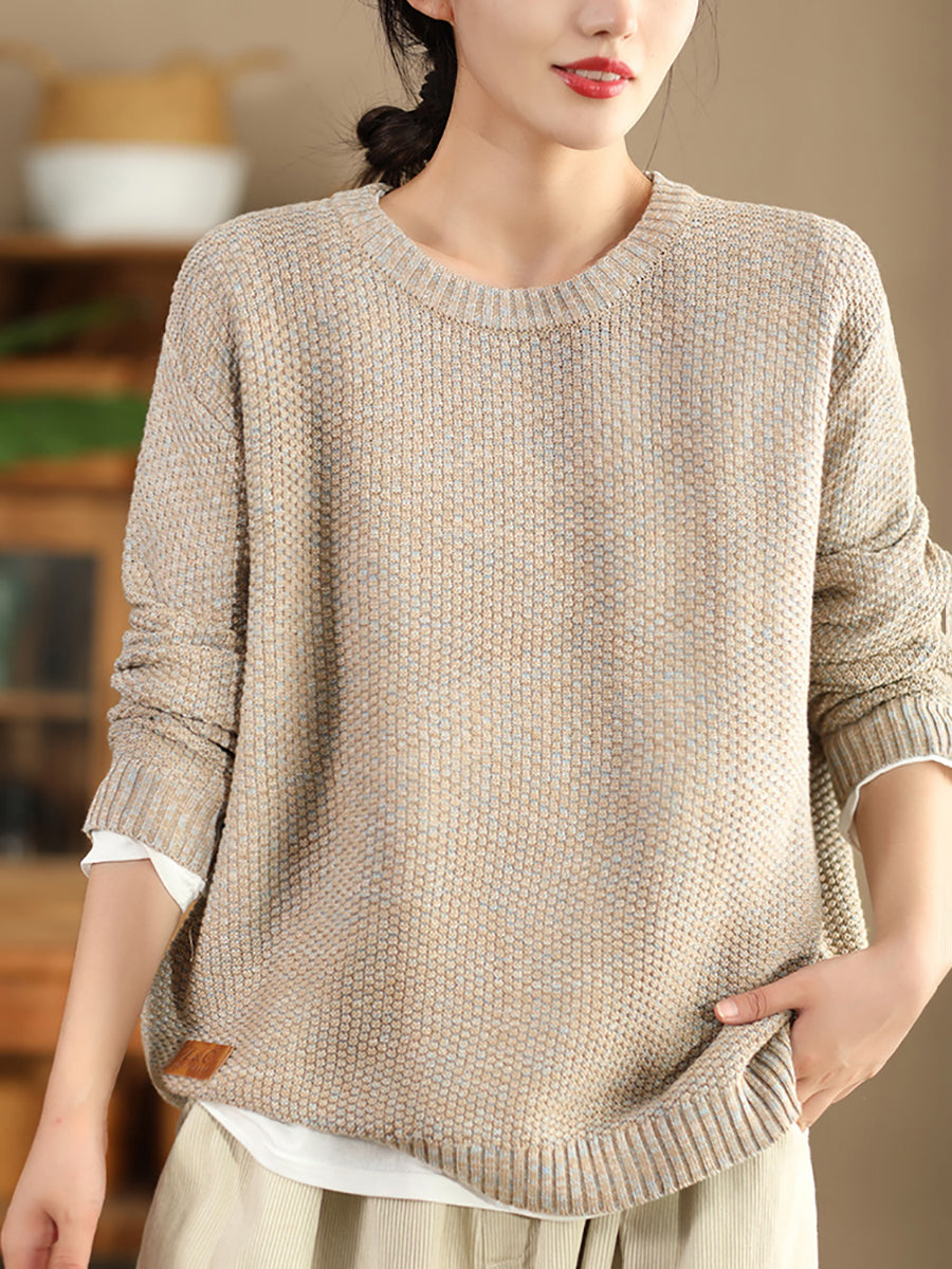 Women Vintage Autumn Solid O-Neck Loose Knit Sweater