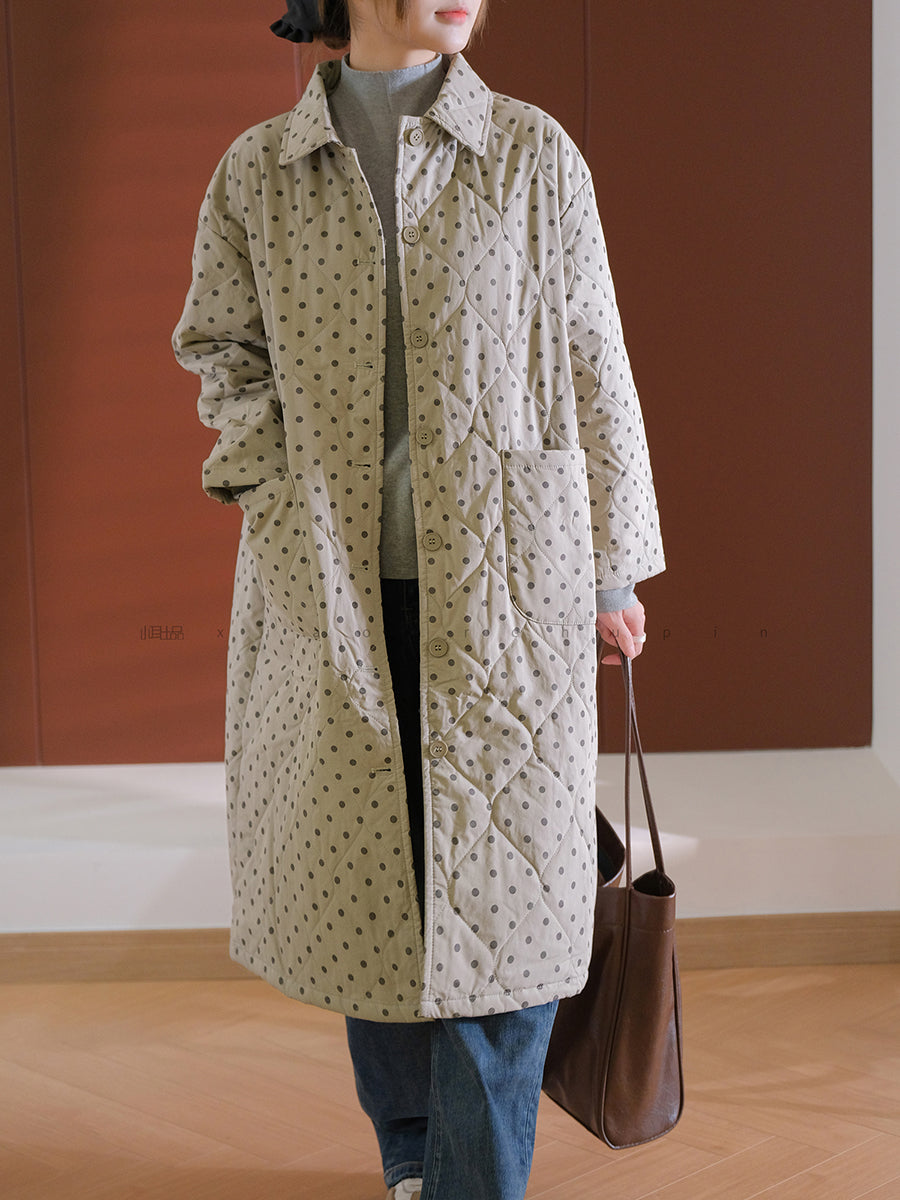 Women Autumn Vintage Turn-down Collar Dot Cotton Coat