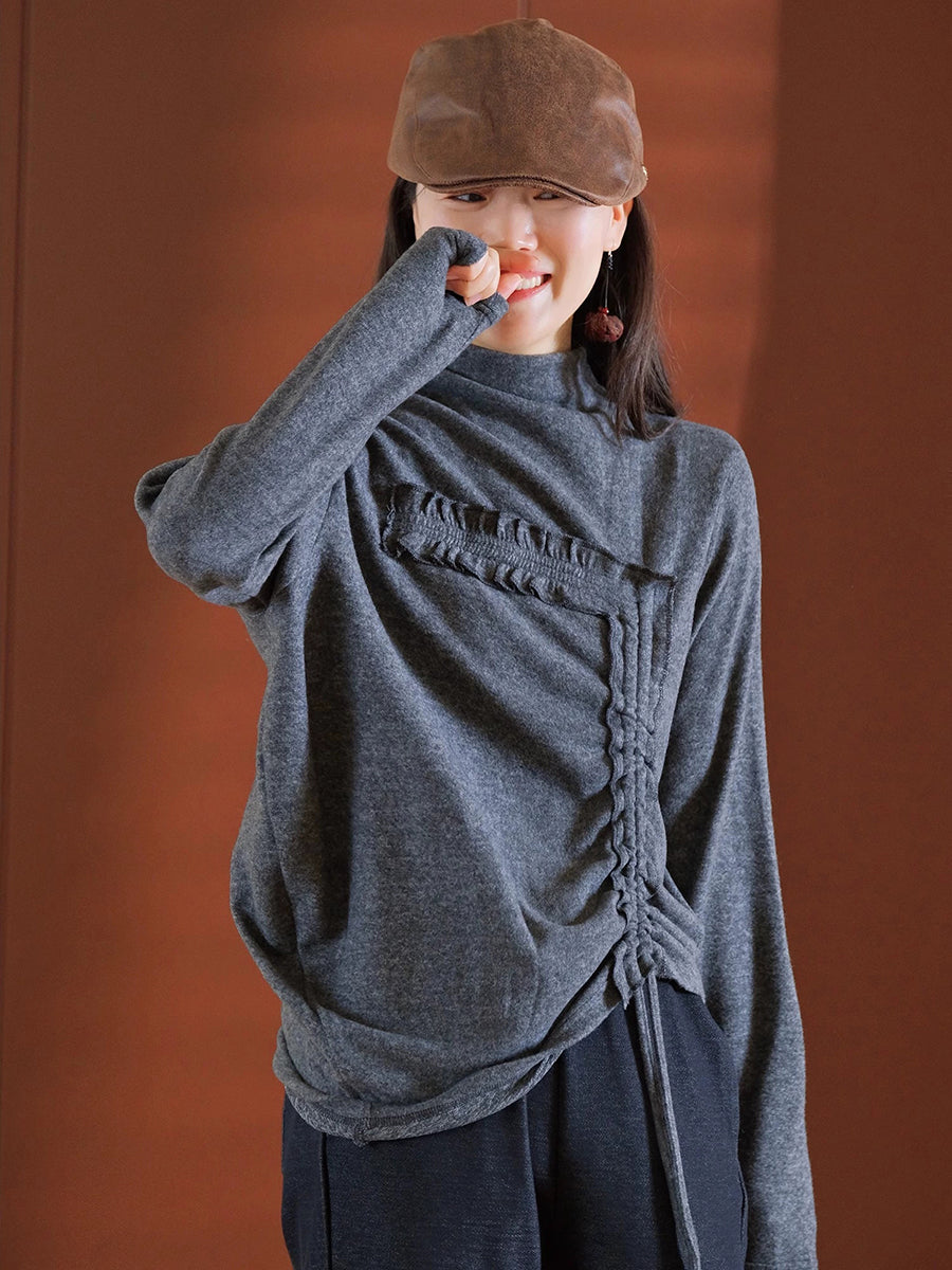 Women Autumn Fashion Design Solid Turtleneck Spliced Blouse