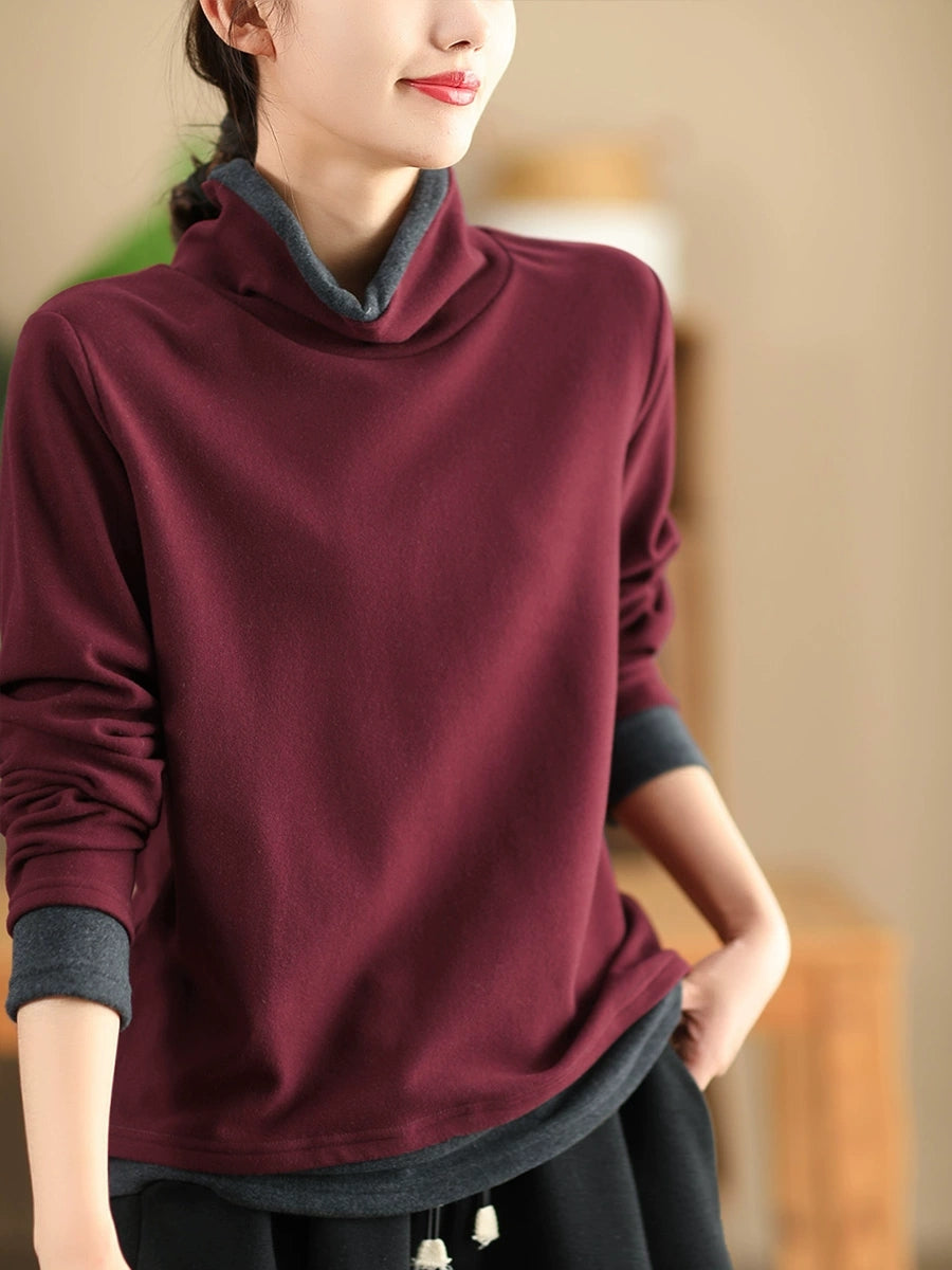 Women Casual Autumn Warm Colorblock Turtleneck Sweatshirt