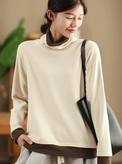 Women Casual Autumn Warm Colorblock Turtleneck Sweatshirt