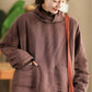 Women Autumn Vintage Turtleneck Solid Linen Padded Coat