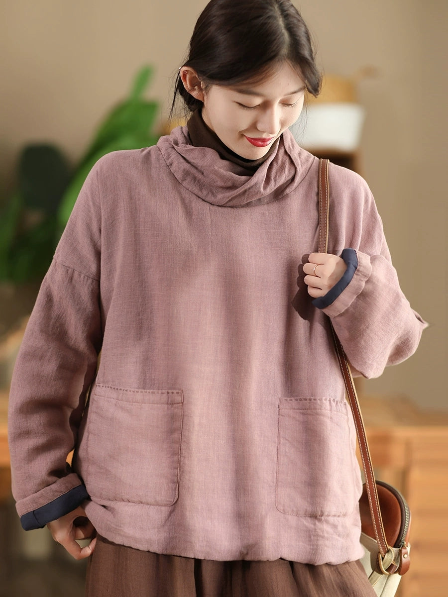 Women Autumn Vintage Turtleneck Solid Linen Padded Coat