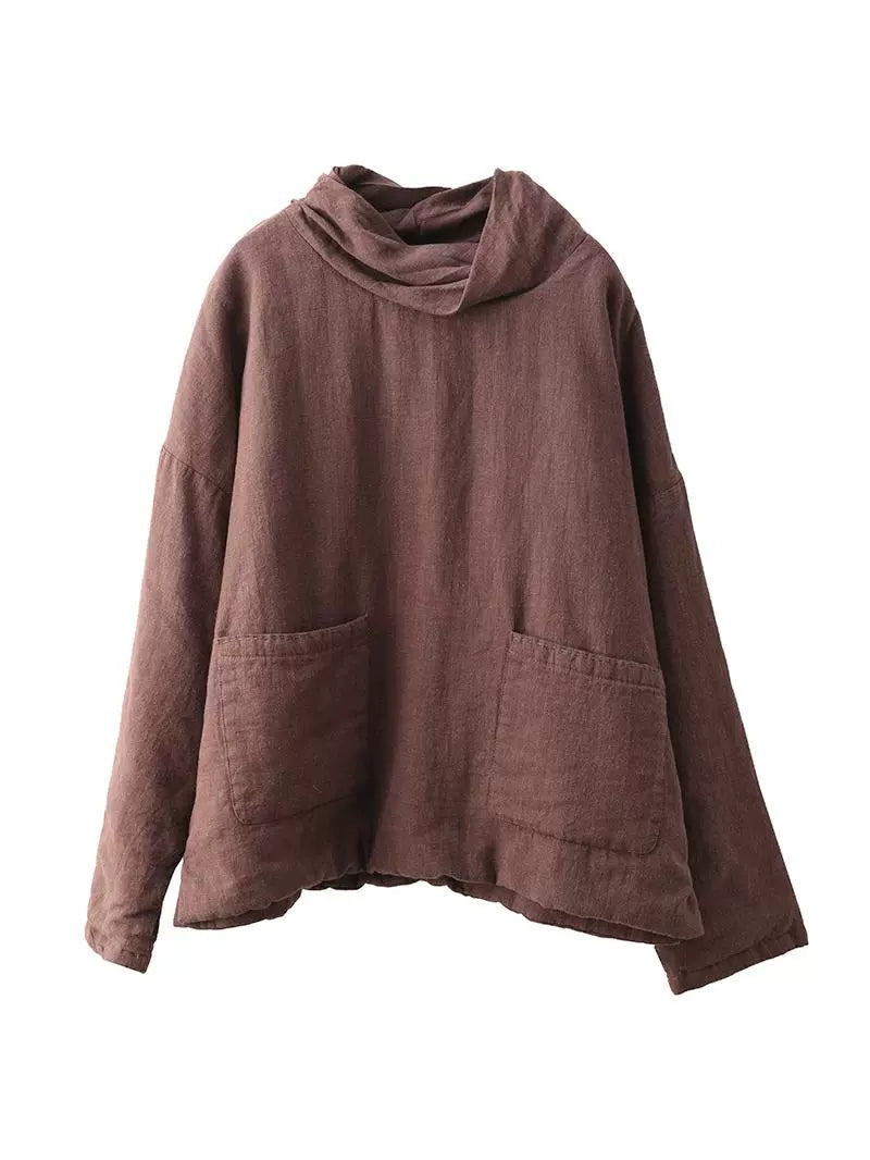 Women Autumn Vintage Turtleneck Solid Linen Padded Coat