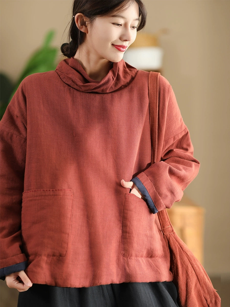 Women Autumn Vintage Turtleneck Solid Linen Padded Coat