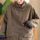 Women Autumn Vintage Turtleneck Solid Linen Padded Coat