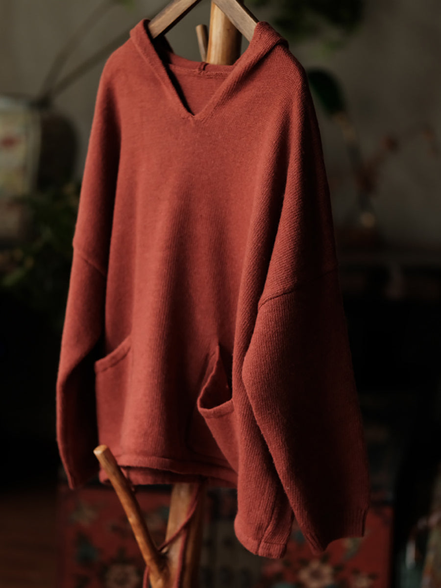 Women Vintage Autumn Frayed Solid Hooded Knit Sweater