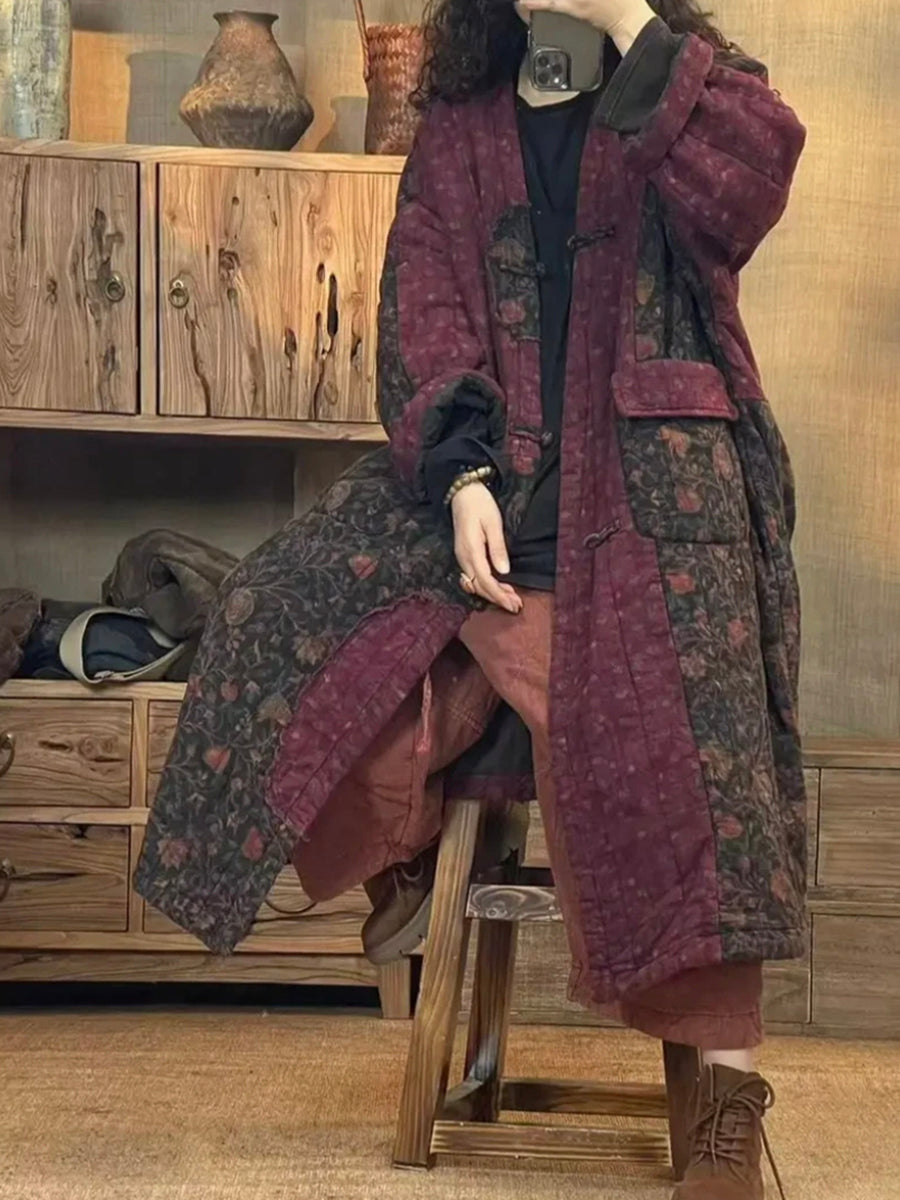 Women Autumn Flower Patch Spliced Linen Padded Coat